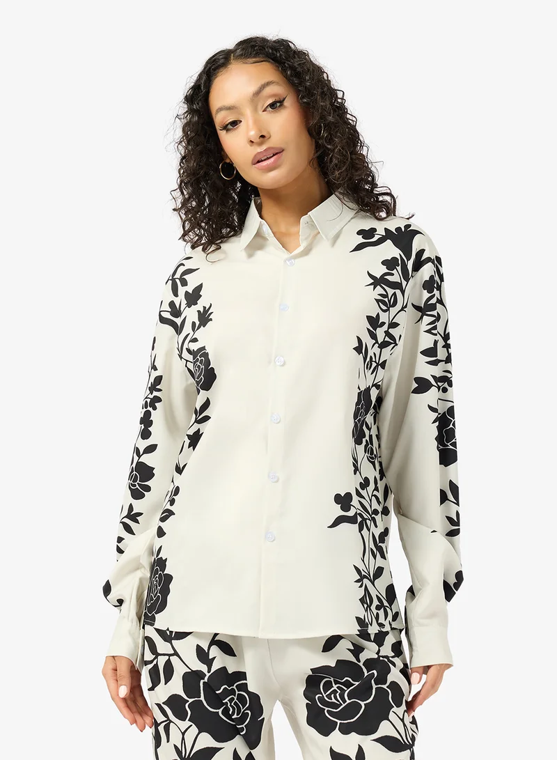 Ginger  Oversize Satin Floral Print Shirt & Pant Coord Set for Women | Best Price UAE